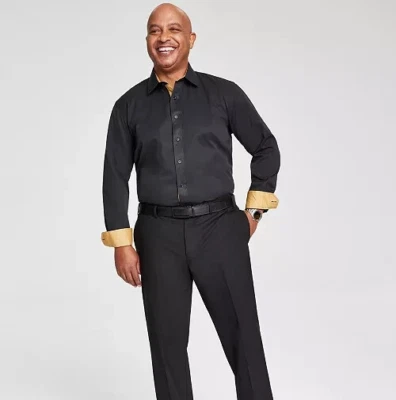 Tayion Collection Gold Trim Solid Dress Shirt Men XL 17-17.5 32/33 Black & Gold - Image 1 of 4