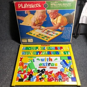 VTG 60s 70s Playskool Magnetic Spelling & Wipe Off Crayon Board Xtra Letters - Picture 1 of 14