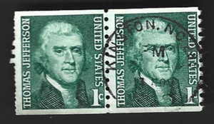 Scott#1299 1c THOMAS JEFFERSON Horizonal Pair with N.C. CDS cancel ~ (A-8) - Picture 1 of 2