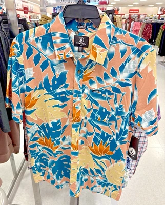 Volcom Men's Classic Fit Leaf Pit Floral Short Sleeve Shirt Salmon Aqua - SMALL - Image 1 of 4