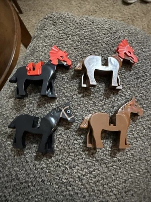 LEGO Horse Minifigure Lot of 4 Black Brown Knight Castle Vintage Helmets Saddle - Image 1 of 4