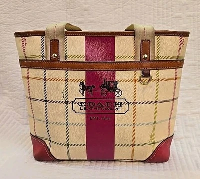 蔻驰 12219 Heritage 粉色条纹 Tattersall 托特包 象牙色 手提包 单肩包 — 第 1/4 张图片