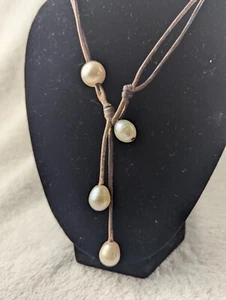 Wendy Mignot Pearl Necklace Leather 16-20" Toggle Choker Statement Convertible - Picture 1 of 18