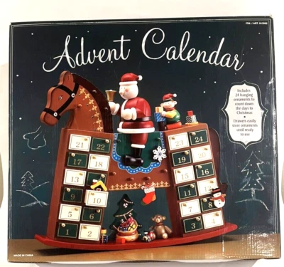 Christmas Rocking Horse Santa Wooden Advent Calendar w/ Ornaments Costco New - Image 1 of 4
