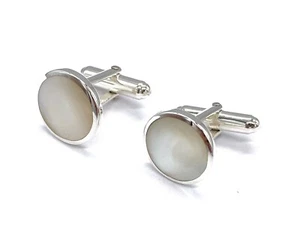 925 Sterling Silver Round Mother of Pearl Stone Swivel Link Cufflinks T Bar - Picture 1 of 2