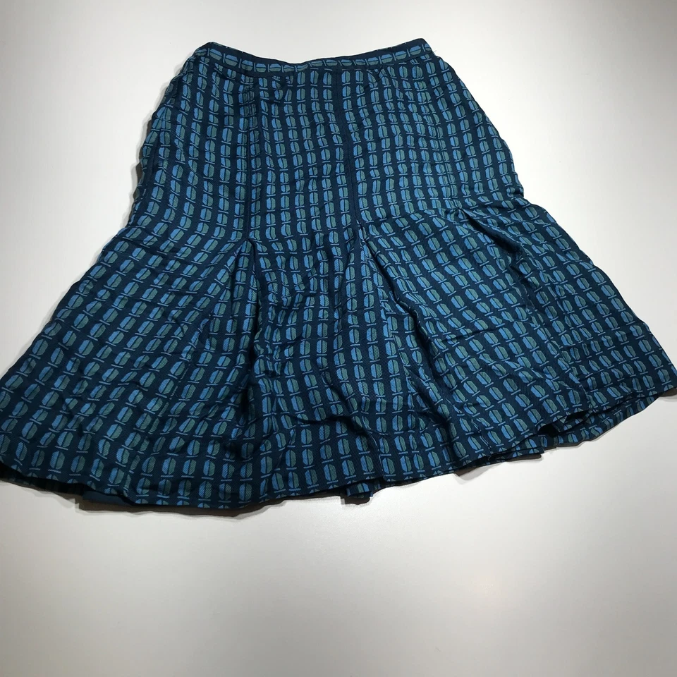 Tory Burch Blue Geometric Pattern Pleated Hem A-Line Wool Silk Blend Size 4 - Image 1 of 4