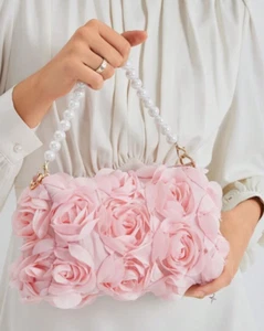 EVENING BAG-Elegant Pink Roses w/Faux Pearl Handle Handbag, Crossbody - Picture 1 of 8