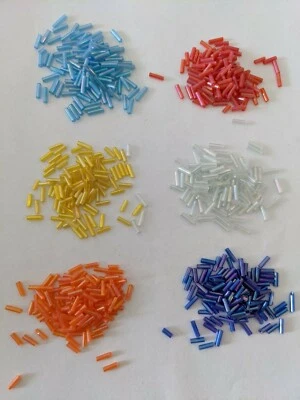 Bugle Beads Transparent Colors Rainbow Glass  AB Color, 6x1.8mm, Hole .6mm 30g - Image 1 of 4
