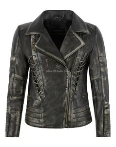 Ladies LACED LEATHER JACKET Vintage Black Gothic Biker Fashion Napa Jacket 3002 - Picture 1 of 7