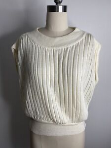 Vintage 80s BROMLEY Size M L White Cream Sleeveless Knit Top Vest VTG Boho Retro