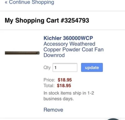 Kichler 360000WCP Fan Downrod Weathered Copper Powder Coat - Image 1 of 4