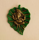 Metal Golden Lord Ganesha on Green Leaf Wall Hanging Sculpture Decorative