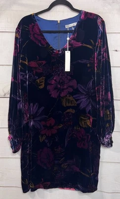 Trina Turk NWT MED Eclaire Dress Velvet Floral Long Sleeve Black w/ Plum Colors - Image 1 of 4