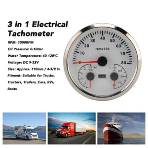 Electrical Tachometer Oil Pressure Water Temp Gauge 3 In 1 Tachometer 0 To 10bar - Picture 1 of 24