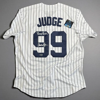 Camiseta firmada por Aaron Judge de los Yankees con autógrafo BRONX a rayas con certificado de autenticidad Foto 1 de 4