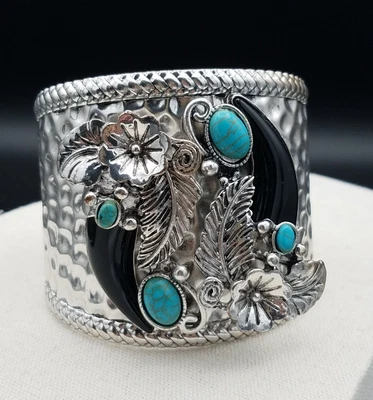 Brazalete brazalete estilo suroeste tono plata cuernos flores 6,25 pulgadas Foto 1 de 4