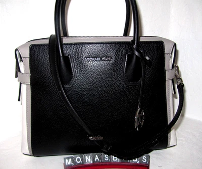 Michael Kors Mercer Medium Color-Block Belted Satchel Bag Black White NWT $558 - Image 1 of 4