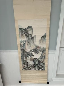 VINTAGE CHINESE SCROLL PAINTING ON RICE/PARCHMENT PAPER 60x21” - Picture 1 of 10