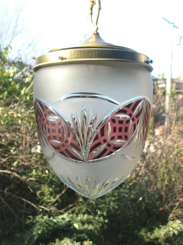 French Art Deco Antique Ceiling Light Fixture Pendent Cut Glass Dome #3 Stunning Cover