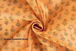 India Handmade Chanderi Silk Fabric By 2.5 Yard Orange Block Print Floral Fabric - Picture 1 of 3