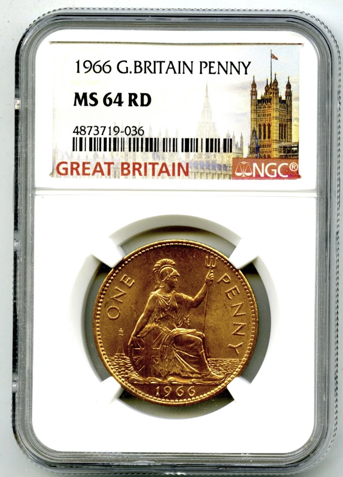 1966 GREAT BRITAIN BRITANNIA LARGE COPPER PENNY NGC MS64 RD LOW MINTAGE - Image 1 of 2