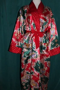 VICTORIAS SECRET Red Green Paisley Satin Long Robe &Tie Quilted Trim M L Vintage - Picture 1 of 5