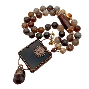 Brown Fire Agate Murano Glass Cz Bead Necklace Black Onyx Amethyst Rough Pendant - Picture 1 of 6