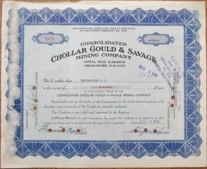 Bergbau, Consolidated Chollar Gould and Savage Co. 1939 Aktienzertifikat, CA - Bild 1 von 1