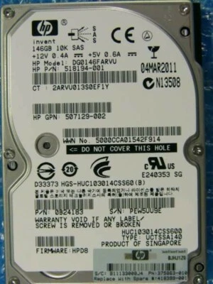 HP 146GB 10K SAS 2.5" DP HDD DG0146FARVU 518194-001 0B24183 FW HPD8 - Image 1 of 4