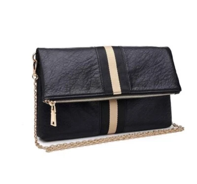 Bolso sin asas plegable Moda Luxe negro dorado a rayas con correa de cadena dorada Foto 1 de 4
