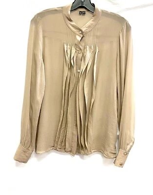 THEORY Tan Brown Ruffle Pleated Mandarin Collar Sheer Button-Down Blouse M = 6/8 - Image 1 of 4