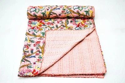 Indian Handmade Quilt Kantha Floral Print Bedspread Cotton Blanket Queen Size - Image 1 of 4