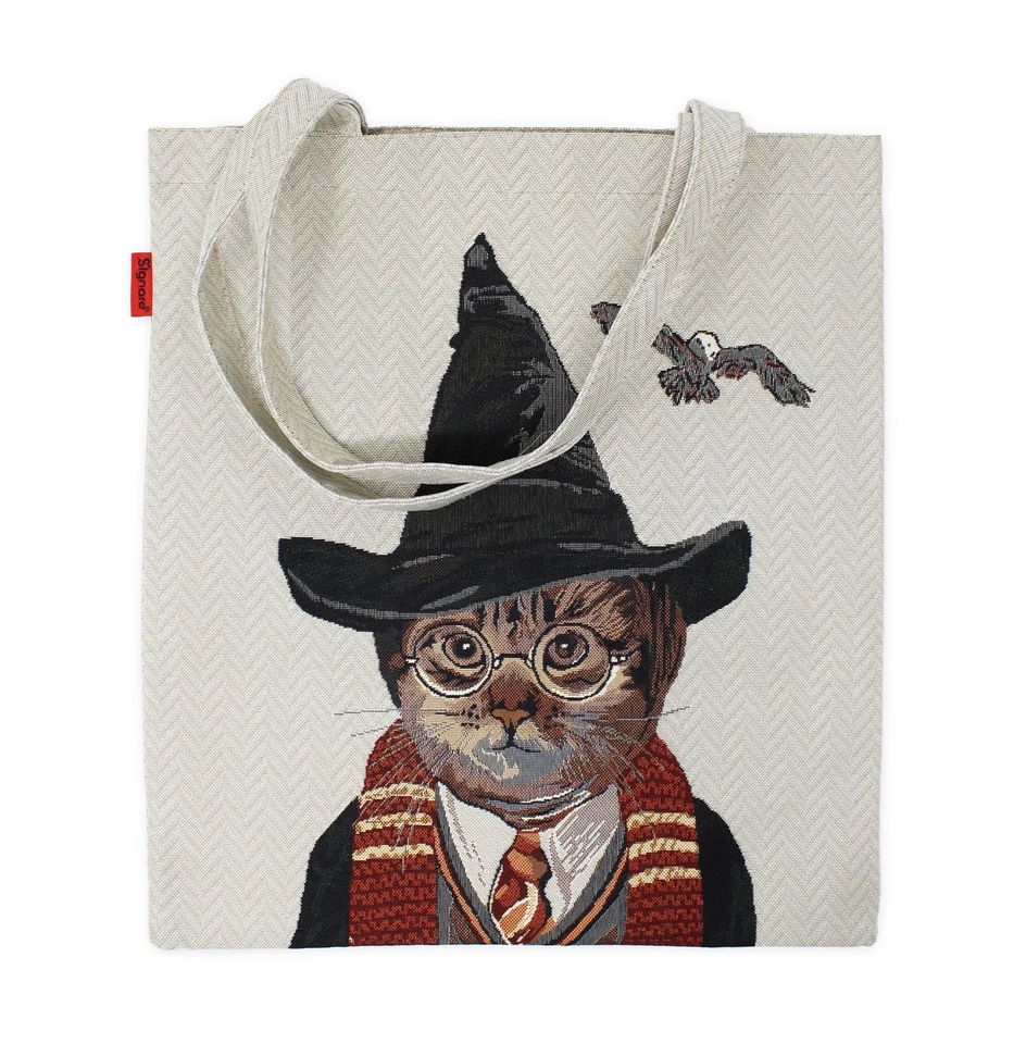 Cat Tote Bag Wizard Inspired Magic Owl Signare Flat Reusable Shopping Bag - Image 1 of 1