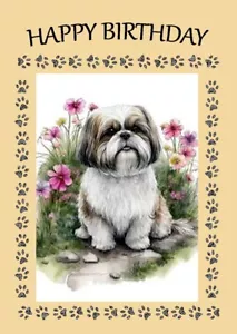 SHIH TZU & FLOWERS DOG BIRTHDAY GREETINGS NOTE CARD - Picture 1 of 1