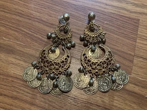 Vintage Signed GRAZIANO Coin Dangle Chandelier Earrings - Picture 1 of 7