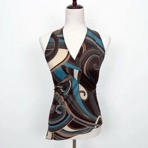 Top tocador de colección años 90 para mujer XS* marrón azul halter asimétrico abstracto hada grunge - Imagen 1 de 12