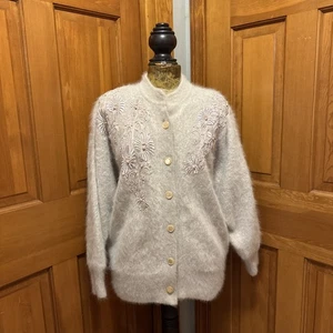 Vintage Venesha Strickjacke Damen großer Pullover Angora beige Perlen Blumen Jacke - Bild 1 von 12