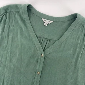Orvis Button Down Top Short Sleeve V-Neck Textured Green Blouse Large - Picture 1 of 7
