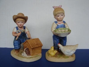 Denim Days Girl With Chickens Egg Basket Boy with Dog House Figurine Homco 1985 - Picture 1 of 12