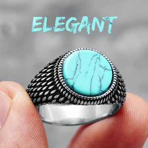 Stainless Steel Ring Gemstones Healing Black Onyx Turquoise Rings Elegant Stone - Picture 1 of 10