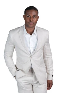 Slim Fit Mens Blazer Tan Sand Linen 2 Button Notch Lapel Jacket Wedding AZAR MAN - Picture 1 of 6