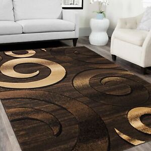 Chocolate Beige Rugs Swirls Abstract Contemporary Hand Carved 3-D