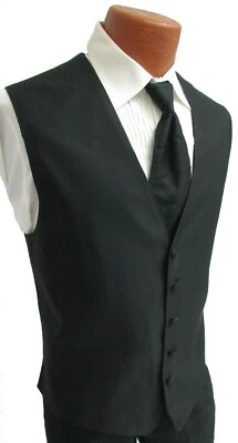 Men's Black Fullback Tuxedo Vest & Long Windsor Tie Set Herringbone Patterned - Image 1 of 4