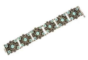 Antico Bracciale Maglia Cannettiglia Argento 900 Pannello Smalto Fiori - Foto 1 di 12