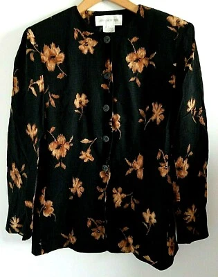 Chaqueta de Seda Jones New York Vintage 8 Botones Frontal Floral Manga Larga Negra Marrón Foto 1 de 4