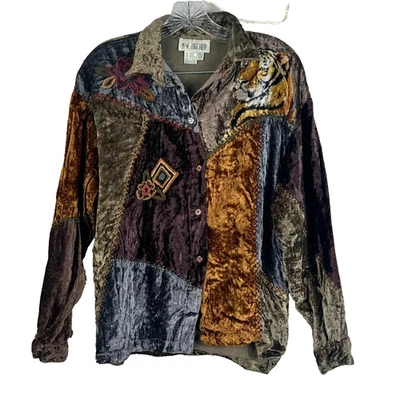 ¡Juntos! Camisa para mujer M abotonada terciopelo bordado retazos tigre y flores Foto 1 de 4