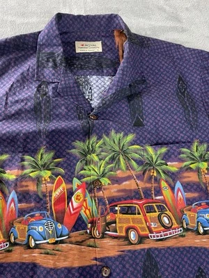 Camisa Hawaiana Royal Creations Para Hombres XL Playa Madera Coches Clásicos Surf EE. UU. Púrpura Foto 1 de 4