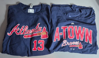 Atlanta Braves Lot 2 Mens 3XL T-Shirts A-Town and Ronald Acuna Navy Blue Majestc - Image 1 of 4
