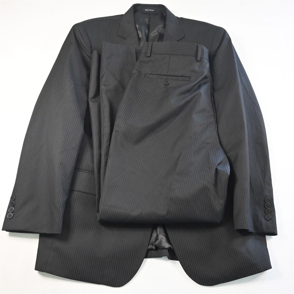 Geoffrey Beene 42R 36x32 黑色条纹男式夹克裤子套装 — 第 1/4 张图片