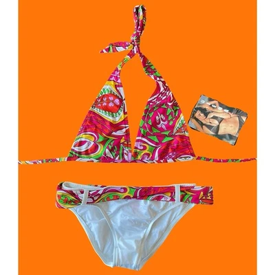 Bikini vintage años 00 groovy psicodélico estampado paisley y2k tiro bajo M NUEVO CON ETIQUETAS defectos Foto 1 de 4